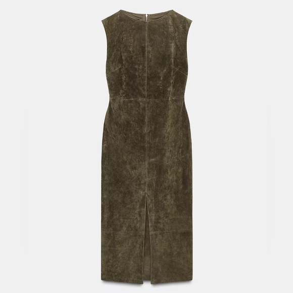 NWT Zara 100% Suede Leather Midi Dress - Khaki - Picture 4 of 16